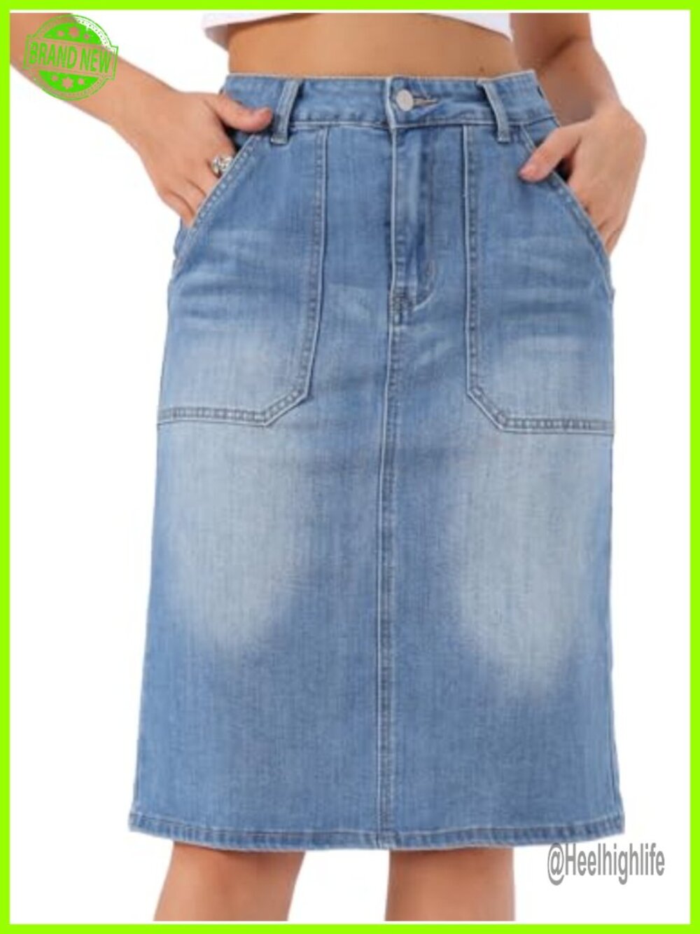 High Waisted Stretch Denim Pencil Skirt Knee Length Back Slit